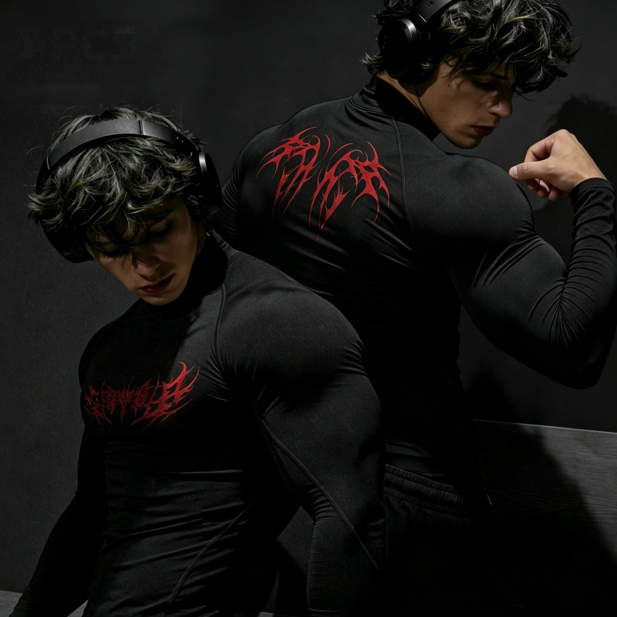 Base Layer Top - パンクダークアブストラクトソーンレター両面プリントタートルネックスリムフィット長袖シャツストリートジムフィットベースレイヤーTシャツ