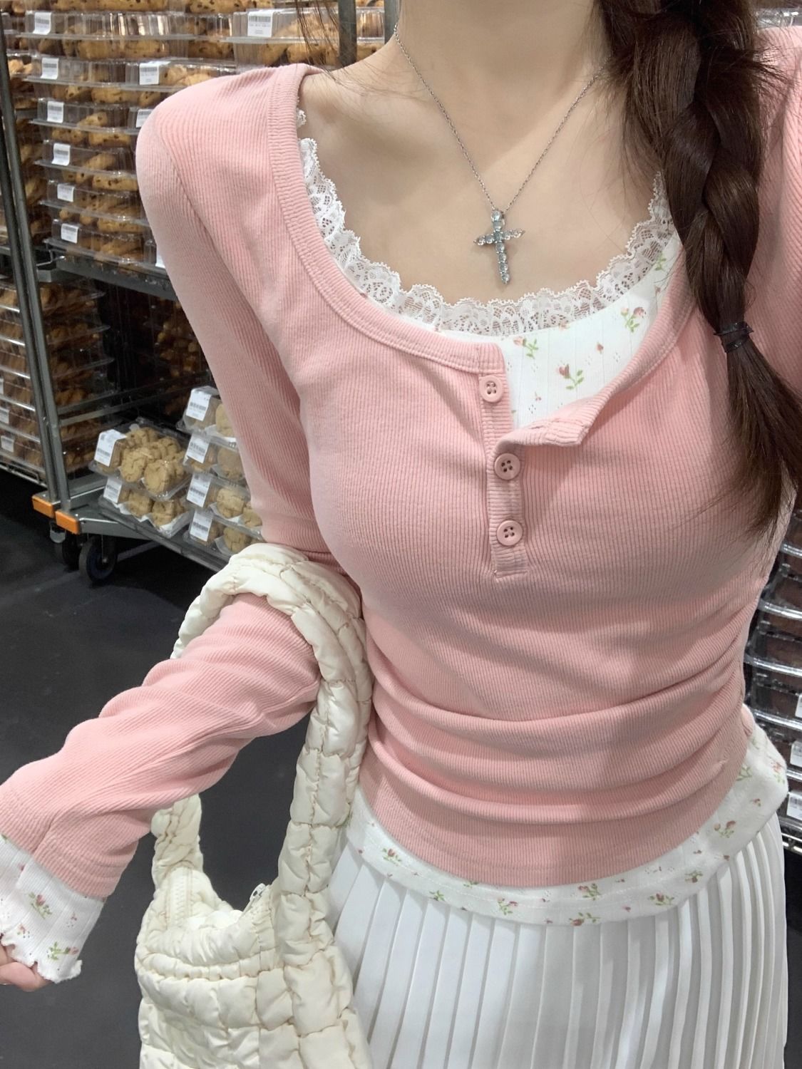 2026 ピンク花柄ツーピース クルーネック長袖Tシャツ レ - Undershirt Crew Neck のレビューと価格