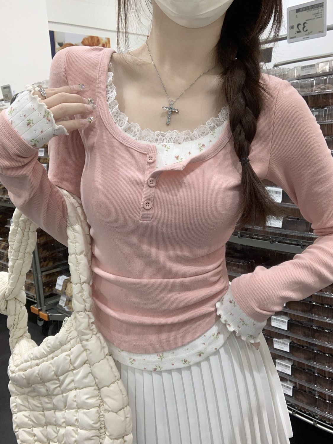 2026 ピンク花柄ツーピース クルーネック長袖Tシャツ レ - Undershirt Crew Neck のレビューと価格