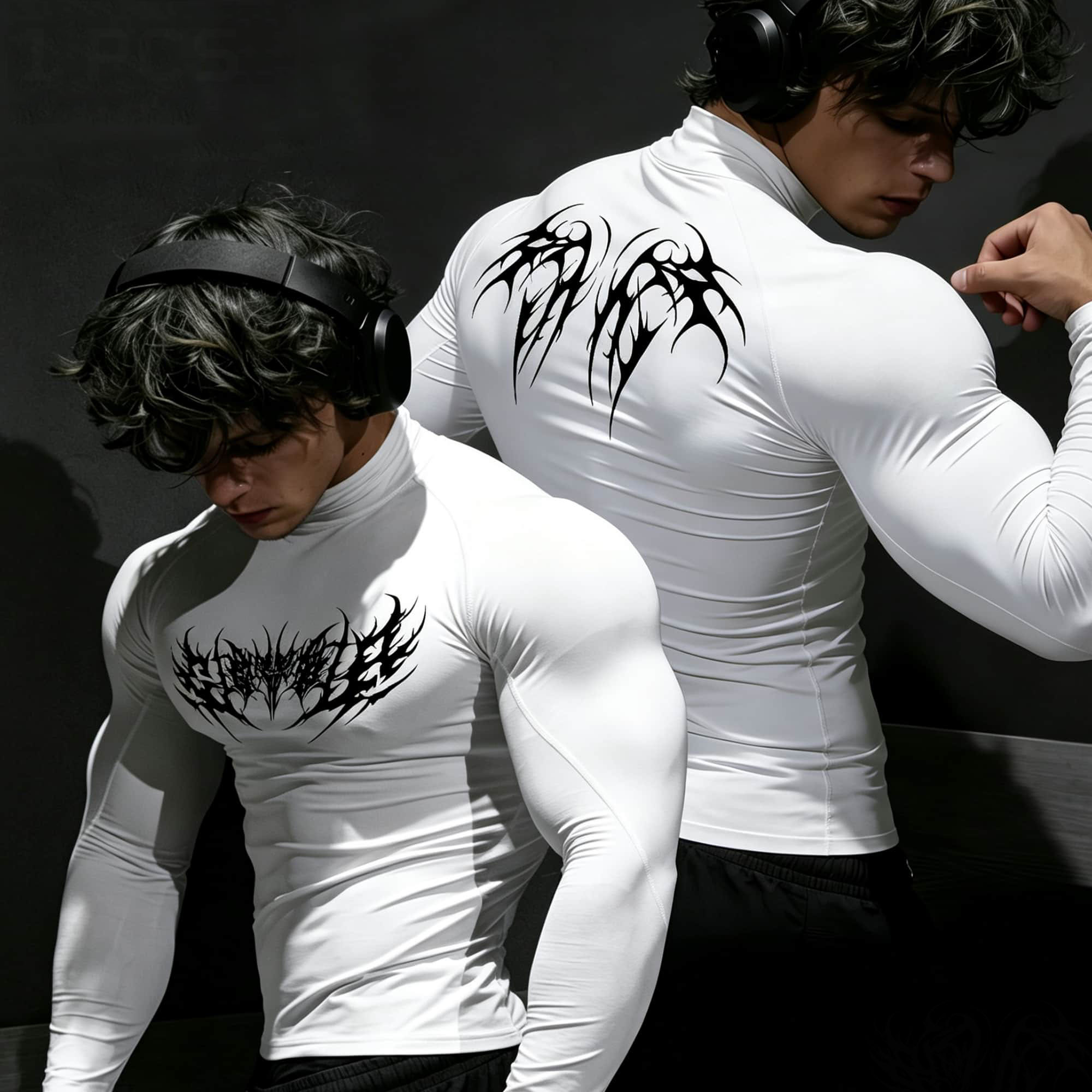 パンクダークアブストラクトソーンレター両面プリントタートルネ - Base Layer Top のレビューと価格