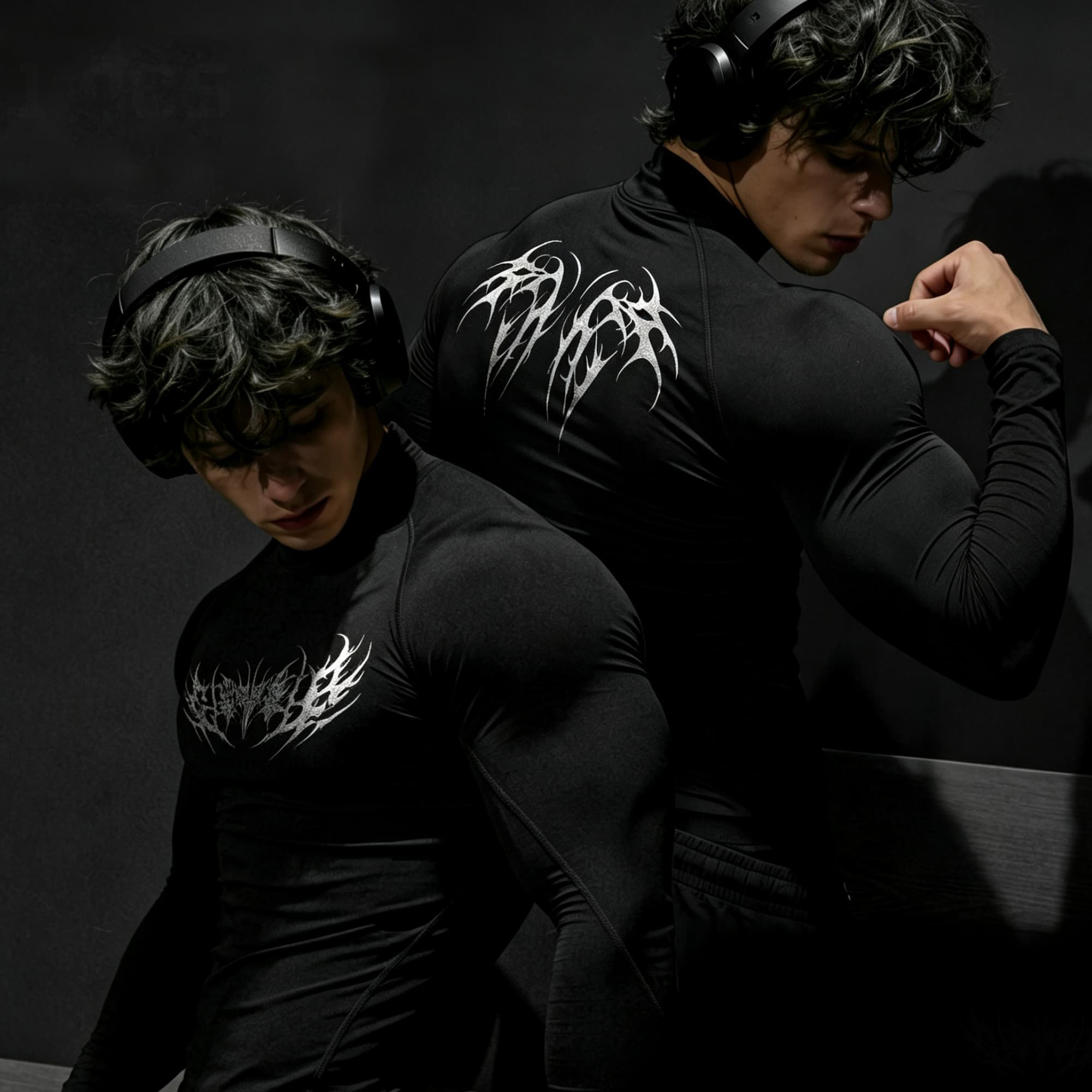 パンクダークアブストラクトソーンレター両面プリントタートルネ - Base Layer Top のレビューと価格